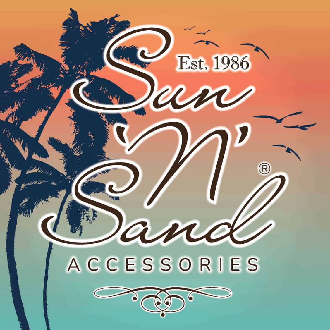 Logo for Sun'N Sand Accessories with palm trees, a tropical sunset gradient, and 'Est. 1986' text.