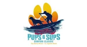 Logo for Pups N Supps Surfing Classic featuring a surfer on a blue board with a dog, orange sun shapes in the background, and turquoise event text (Guy Harvey Resort, St. Augustine Beach).